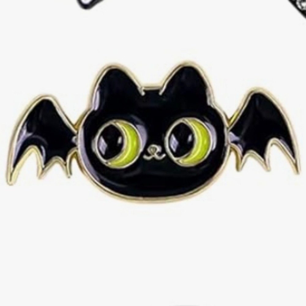 Cute Black Bat Cat Enamel Pin with Lime Eyes